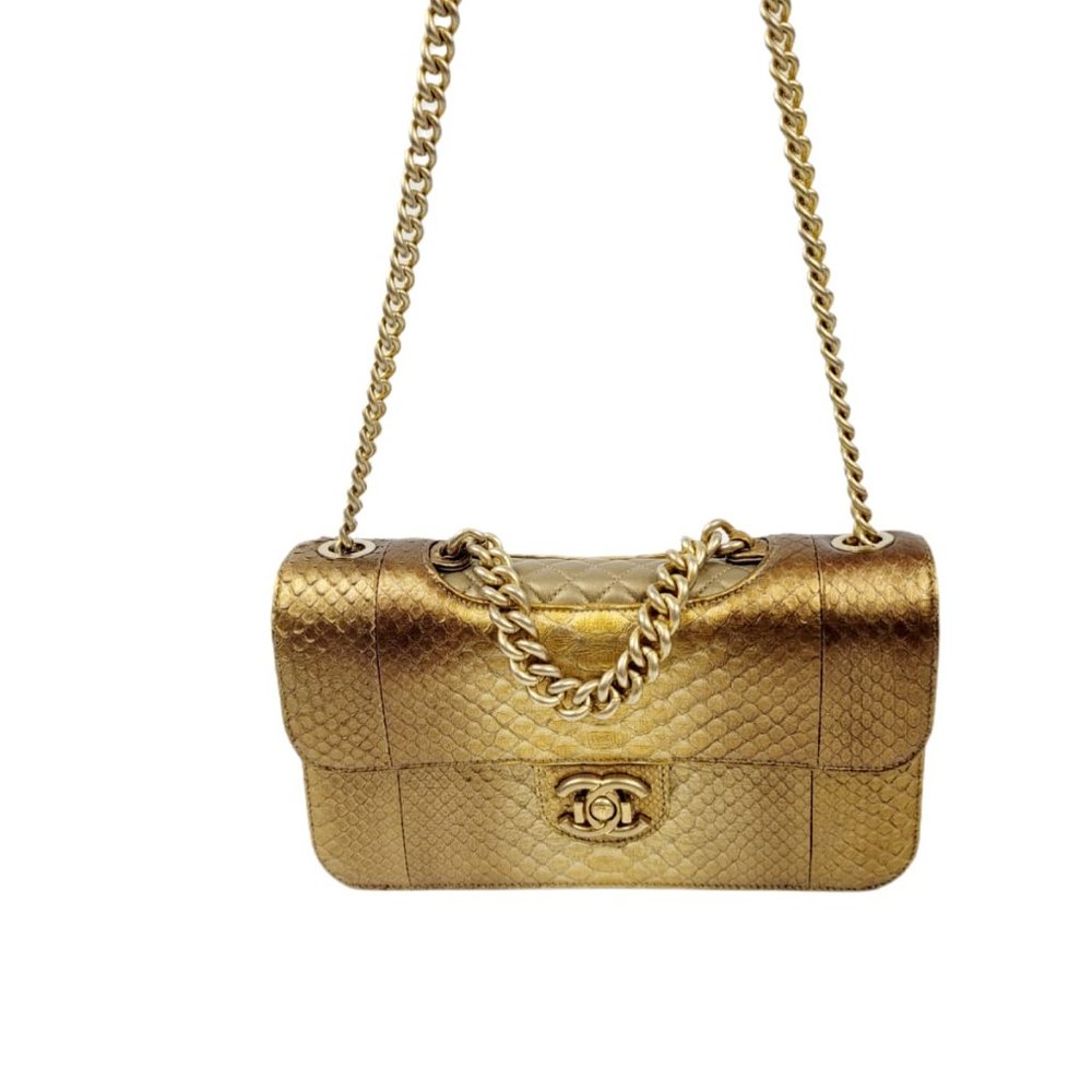 Chanel Two Tone Gold Python Double Flap Bag - Picture 3 of 8
